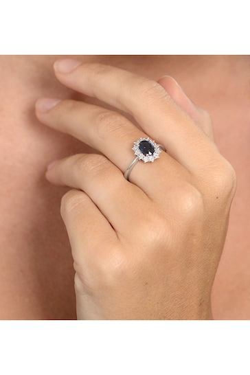 The Diamond Store Blue Sapphire Ring With Lab Diamond Halo 7 x 5mm Set in 925 Silver