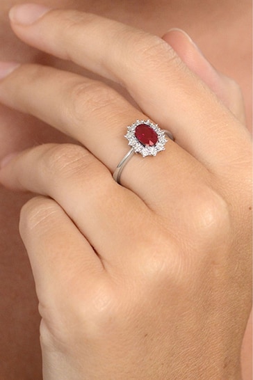 The Diamond Store Red Ruby Ring With Lab Diamond Halo 7 x 5mm Set in 925 Silver