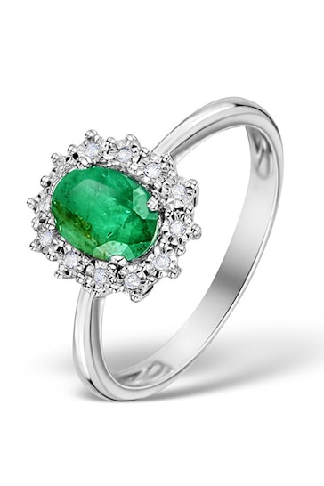 The Diamond Store Green Emerald Ring With Lab Diamond Halo 7 x 5mm Set in 925 Silver