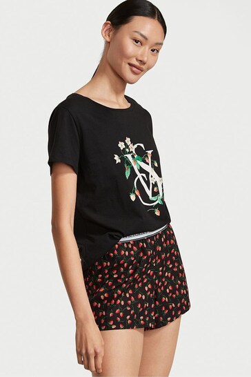 Victoria's Secret Black Strawberry Print Cotton T-Shirt Short Pyjamas