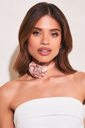 Lipsy Pink Satin Flower Corsage Choker Necklace