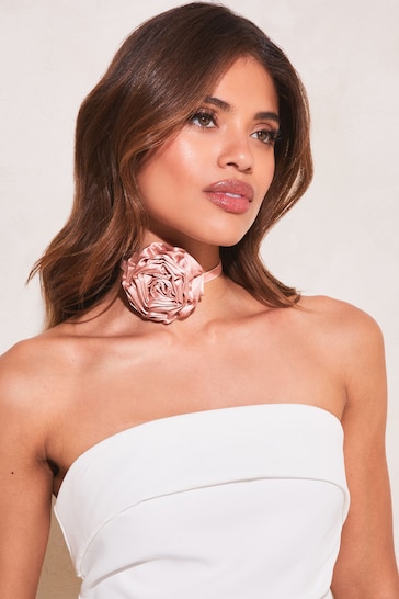 Lipsy Pink Satin Flower Corsage Choker Necklace