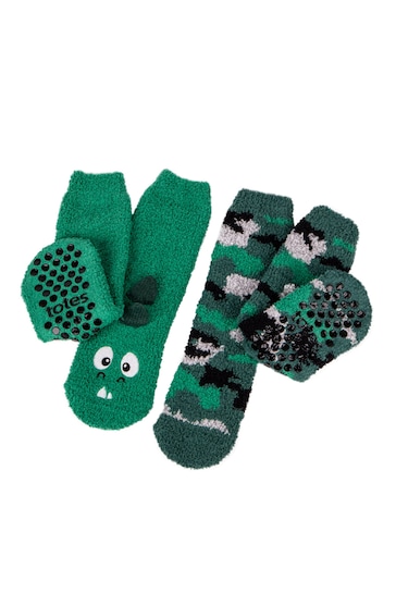 Totes Green Dino 2 Pack Super Soft Slipper Socks