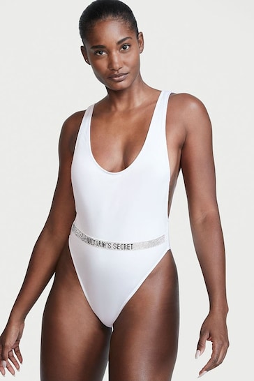 Victoria's Secret White Shine Strap Belted Open Back Swimsuit