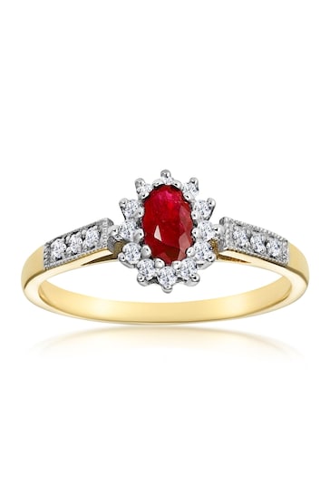 The Diamond Store Red Ruby 5 x 3mm And Diamond 9K Gold Ring