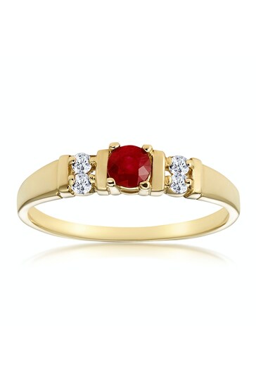 The Diamond Store Red Ruby 3.75mm And Diamond 9K Gold Ring