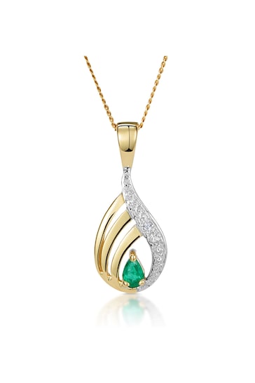 The Diamond Store Green Emerald 4 x 3mm And Diamond 9K Yellow Gold Pendant Necklace