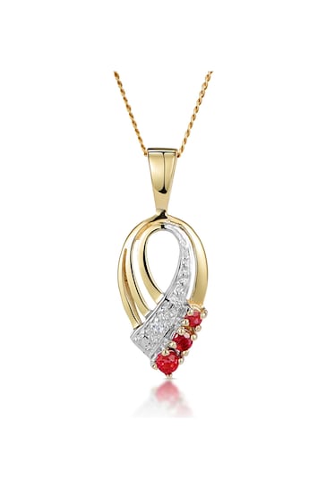 The Diamond Store Red Ruby 2.25mm And Diamond 9K Yellow Gold Pendant Necklace