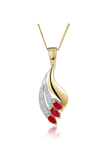 The Diamond Store Red Ruby 4 x 2mm And Diamond 9K Yellow Gold Pendant Necklace