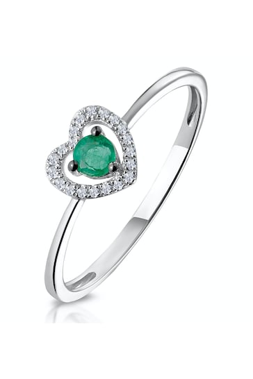 The Diamond Store Green Emerald and Diamond Stellato Heart Ring in 9K White Gold