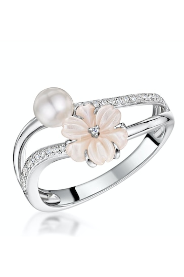 The Diamond Store Pink 4.5mm Pearl with Shell and Diamond Stellato Ring in 9K White Gold