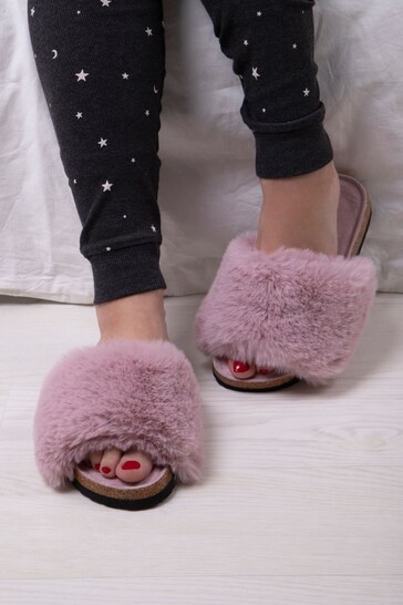 Totes Pink Ladies Cork Sole Faux Fur Slider Slippers