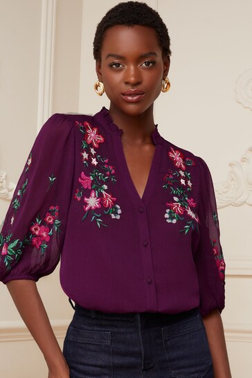 V&A | Dining Room Furniture Berry Red Floral Embroidered Ruffle V Neck Button Through Blouse
