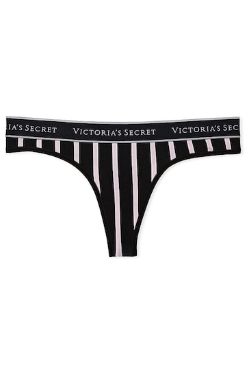 Victoria's Secret Black Small Classic Stripe Thong Logo Knickers