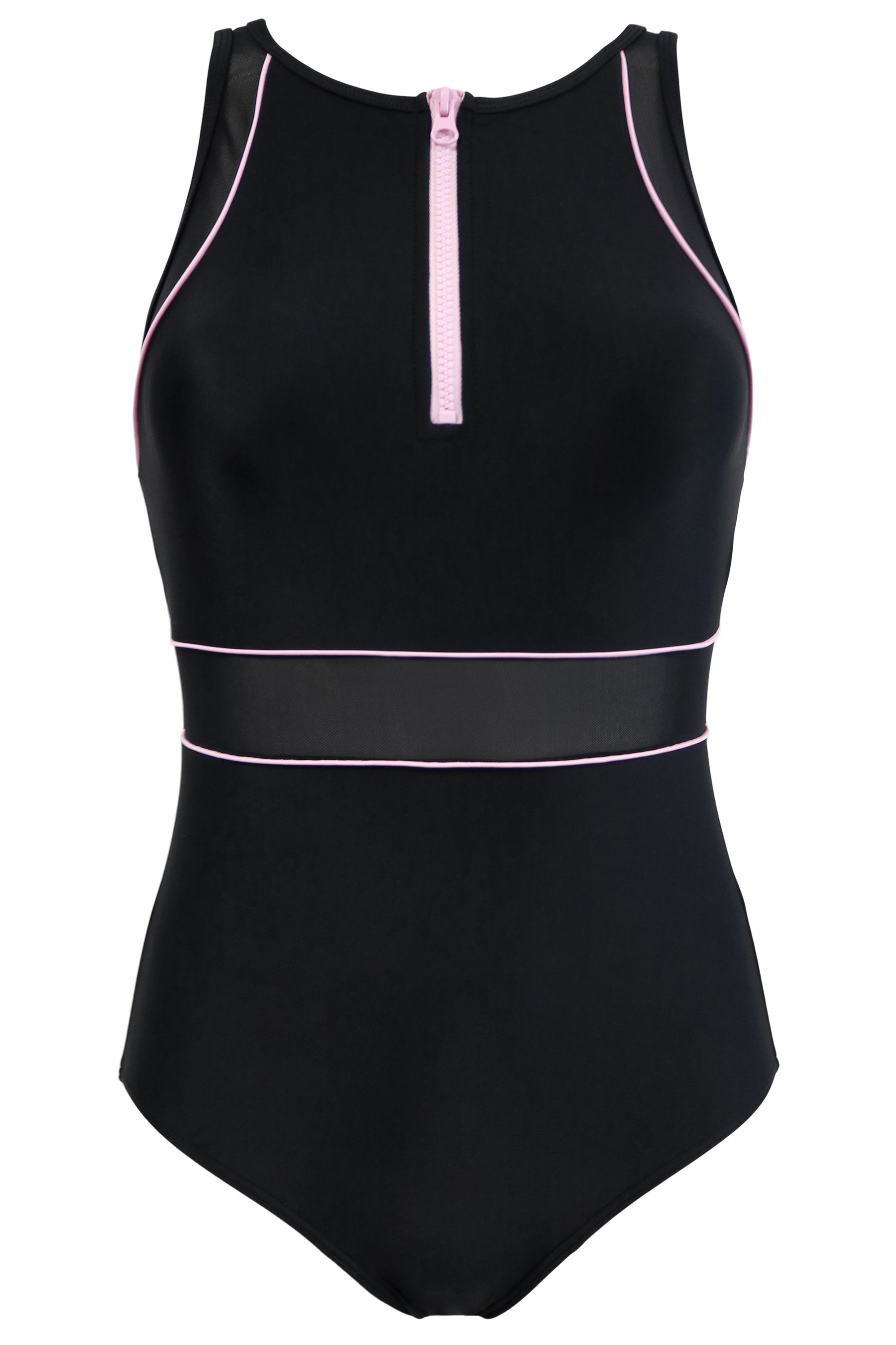 High neck clearance zip front swimsuit