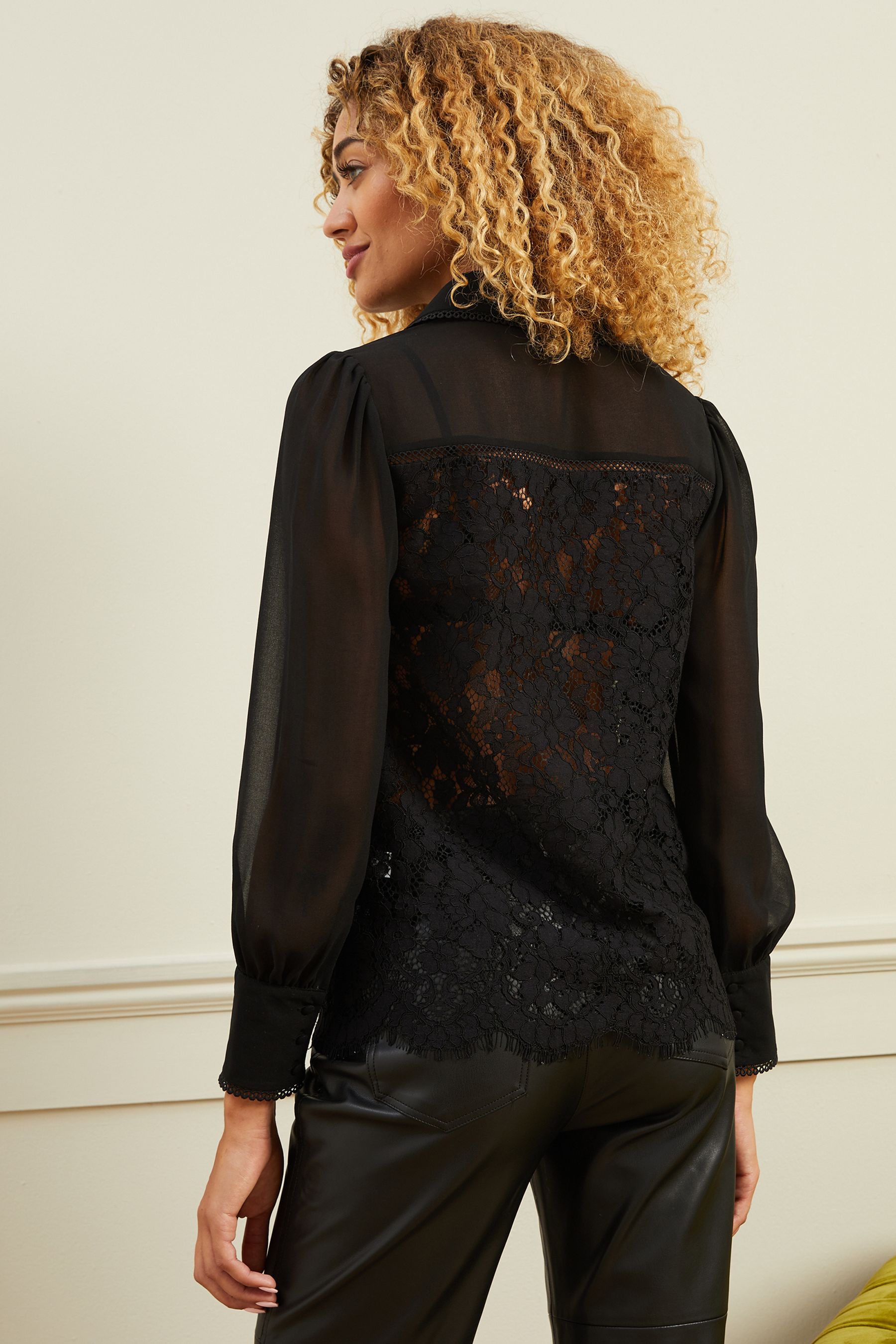Love Roses Black Lace Sheer Button Through Shirt