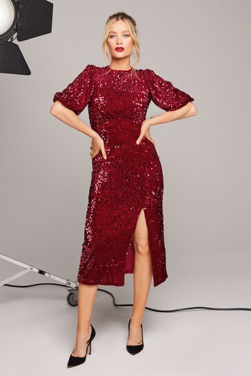 Love & Roses Berry Red Petite Short Sleeve Empire Velvet Sequin Midi Dress