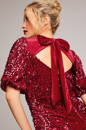 Love & Roses Berry Red Petite Short Sleeve Empire Velvet Sequin Midi Dress