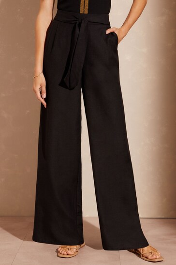 Love & Roses Black Wide Leg Belted Tailored Trousers Contains Linen