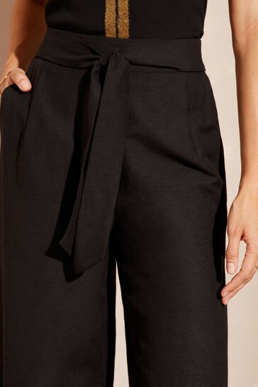 Love & Roses Black Wide Leg Belted Tailored Trousers Contains Linen