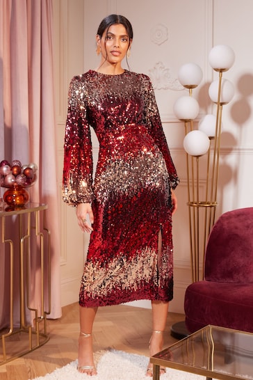 Love & Roses Red Ombre Long Sleeve Sequin Empire Midi Dress
