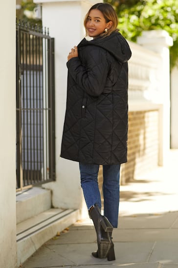 Friends Like These Black Longline Hooded Quilted Padded Coat