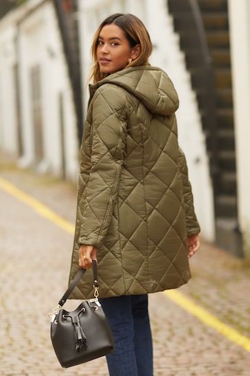 Friends Like These Khaki Green Longline Hooded Quilted Padded Coat