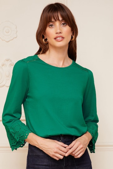 Tops & Blouses Green 3/4 Broderie Flute Sleeve Round Neck Jersey Top