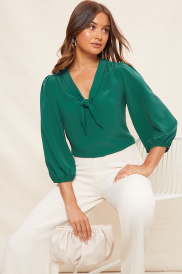 Friends Like These Green V Neck Bow Front 3/4 Sleeve Blouse