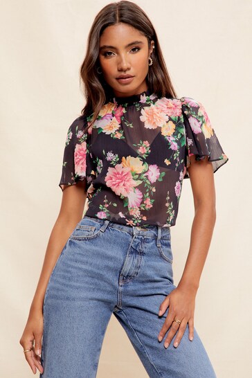 Friends Like These Navy Short Sleeve Sheer Ruffle High Neck Top