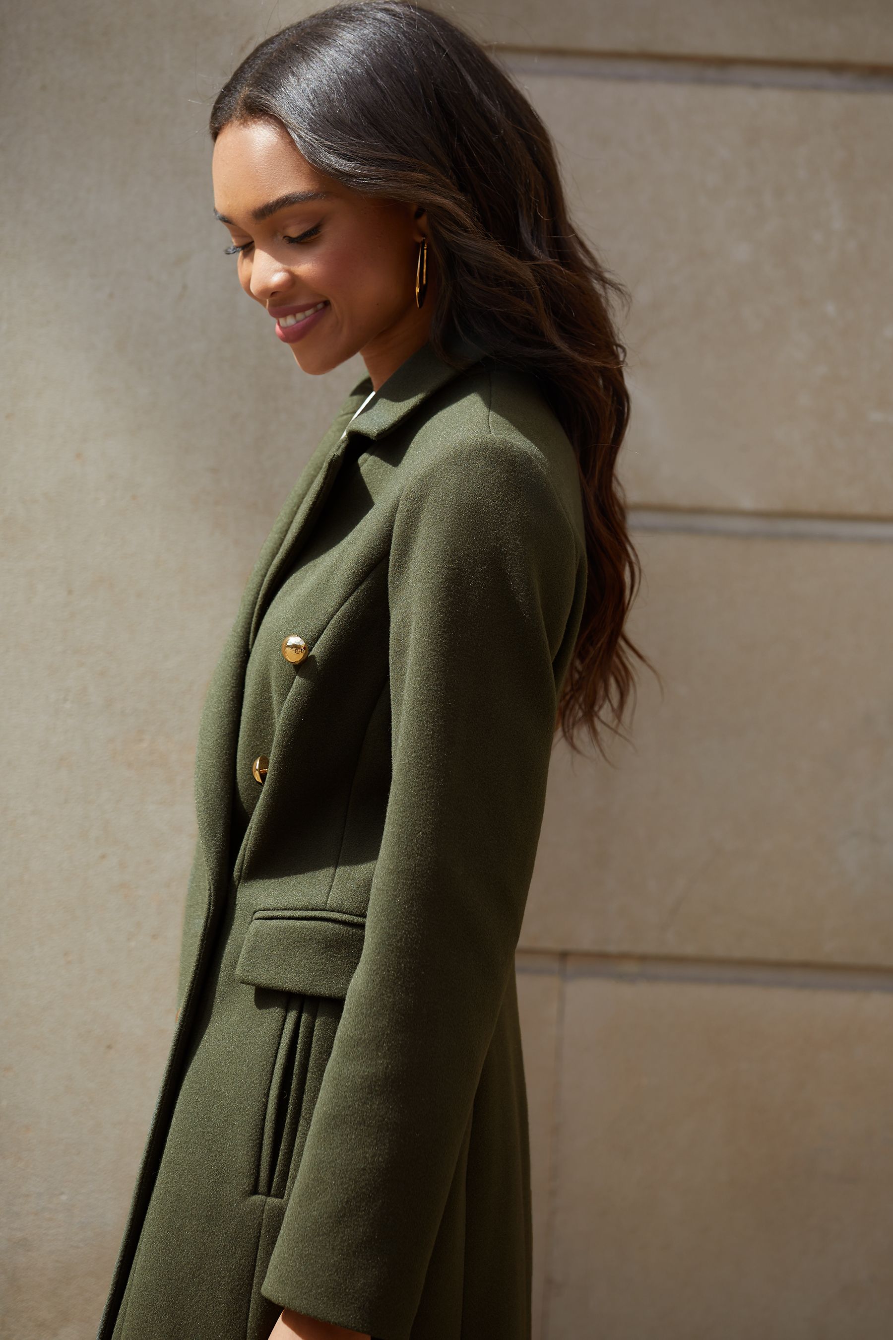 Lipsy Khaki Green Double Breasted Longline Trench City Coat