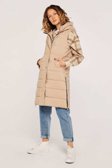 Apricot Brown Padded Longline Hooded Gilet