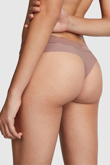 Victoria's Secret PINK Iced Coffee Brown No Show Lace Trim Thong Knickers