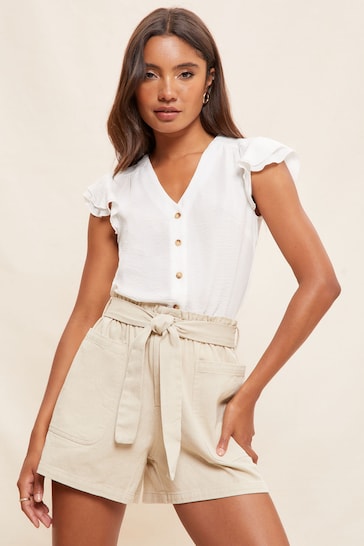 Friends Like These White V Neck Double Ruffle Button Through Blouse