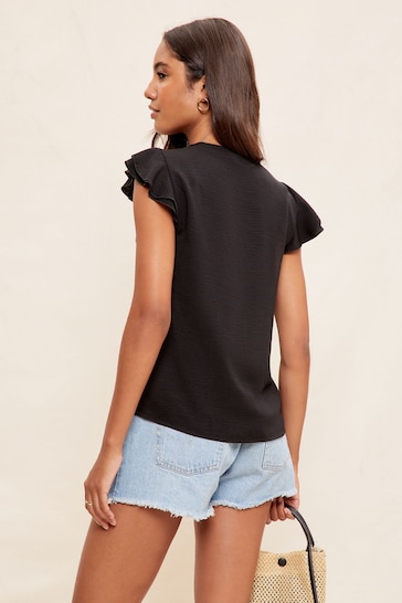 Friends Like These Black V Neck Double Ruffle Button Through Blouse