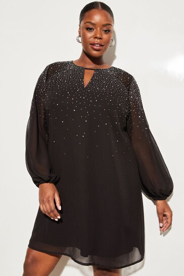 Lipsy Black Curve Long Sleeve Hand Embellished Diamante Mini Shift Dress