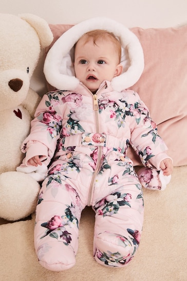 Lipsy Pink Floral Fleece Lined Baby Snowsuit