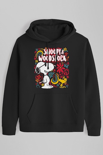 All + Every Black Peanuts 70s Floral Snoopy And Woodstock Men's Hooded Sweatshirt by All+Every