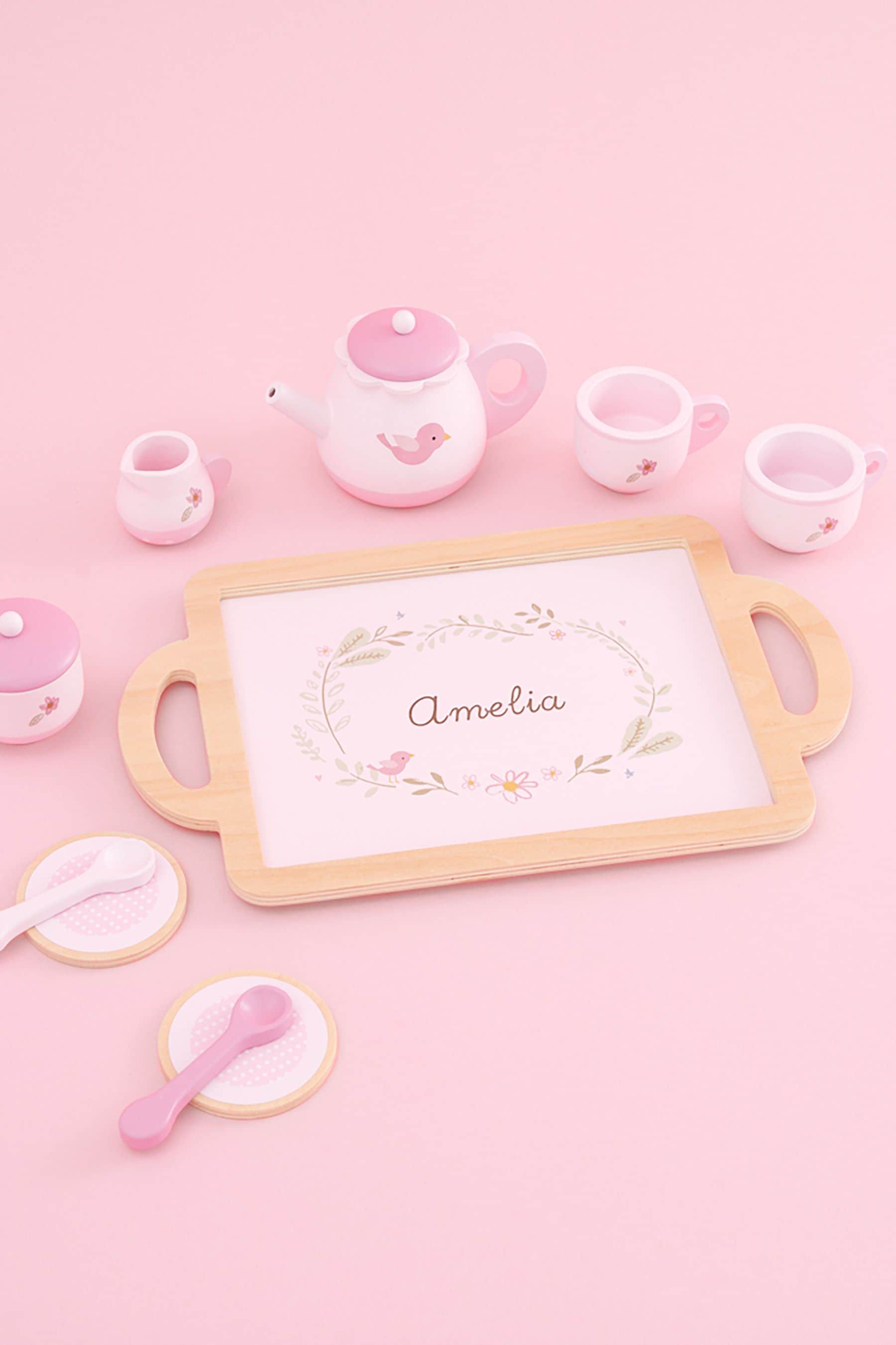Pink wooden tea set top