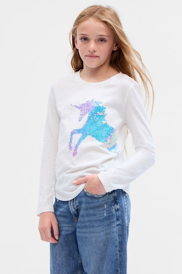 Buy Gap White Unicorn Sequin Graphic Long Sleeve Crew Neck T-Shirt (4 ...