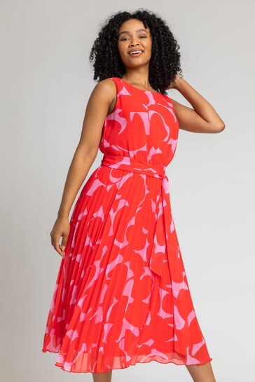 Roman Red Petite Abstract Print Pleated Maxi Leatheret Dress
