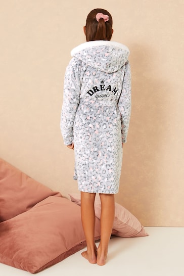 Lipsy Grey Leopard Borg Embroidered Dressing Gown