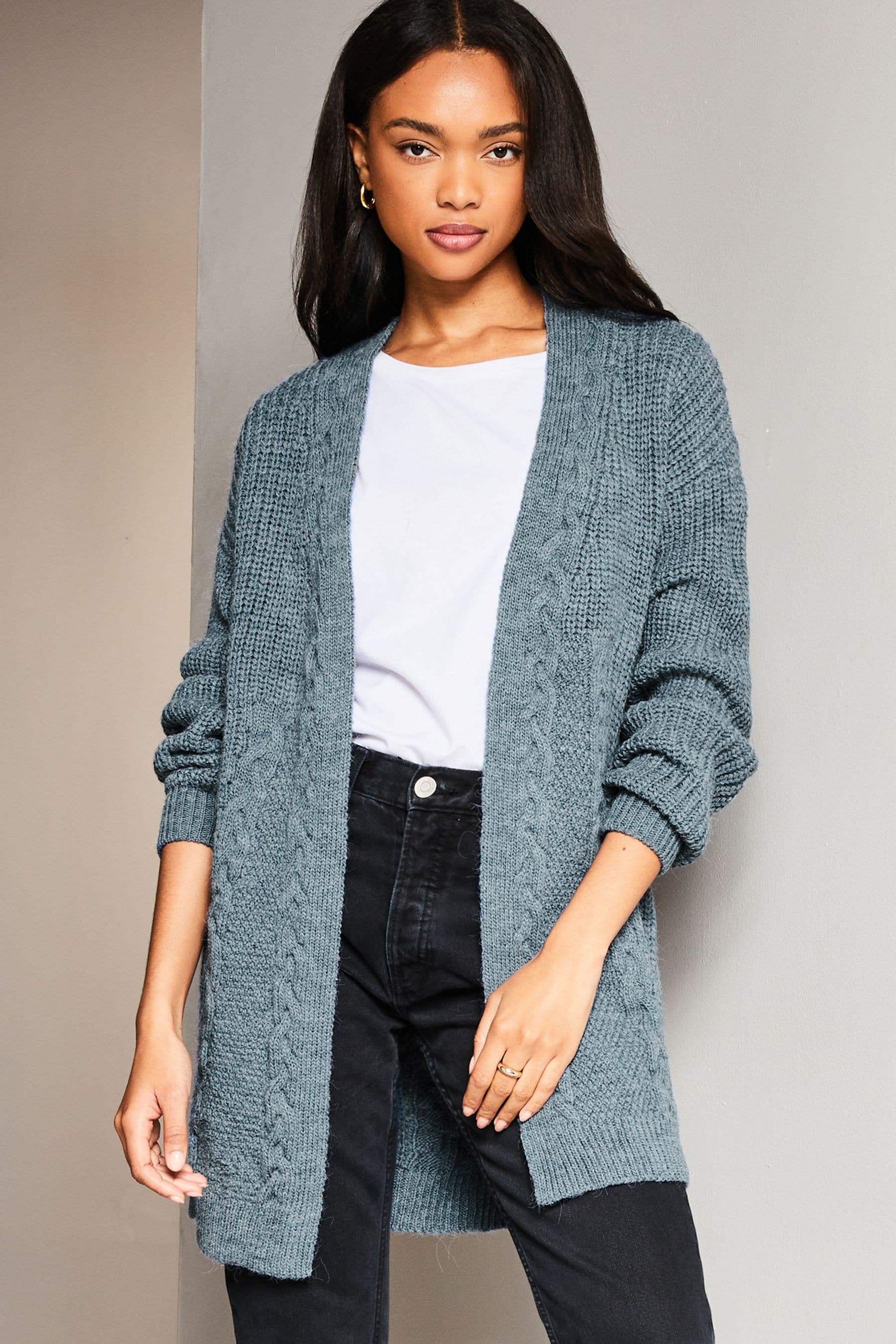Buy Lipsy Chambray Blue Petite Mixed Cable Knit Cardigan from the