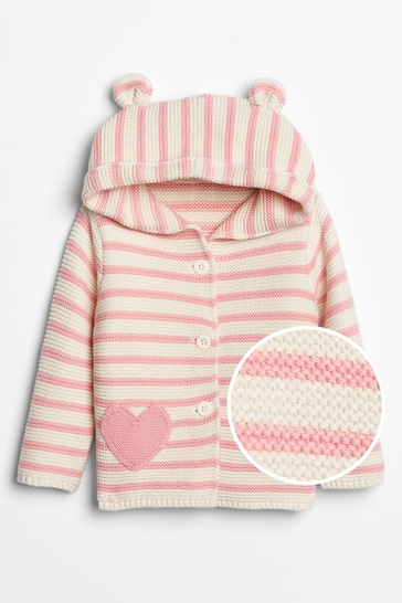 Gap Pink Stripe Heart Garter Hoodie Cardigan (Newborn - 24mths)