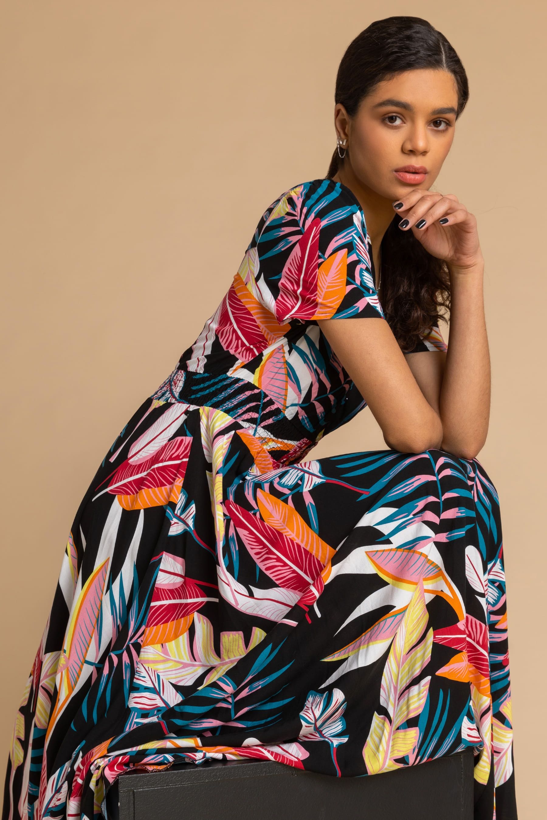 Buy Roman Black Tropical Palm Shirred Waist Maxi Dress from the