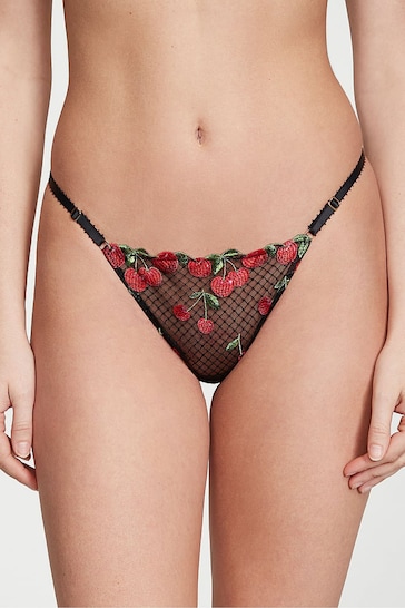Victoria's Secret Cherry Black Thong Embroidered Knickers