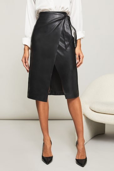 Lipsy Black Faux Leather Wrap Midi Skirt
