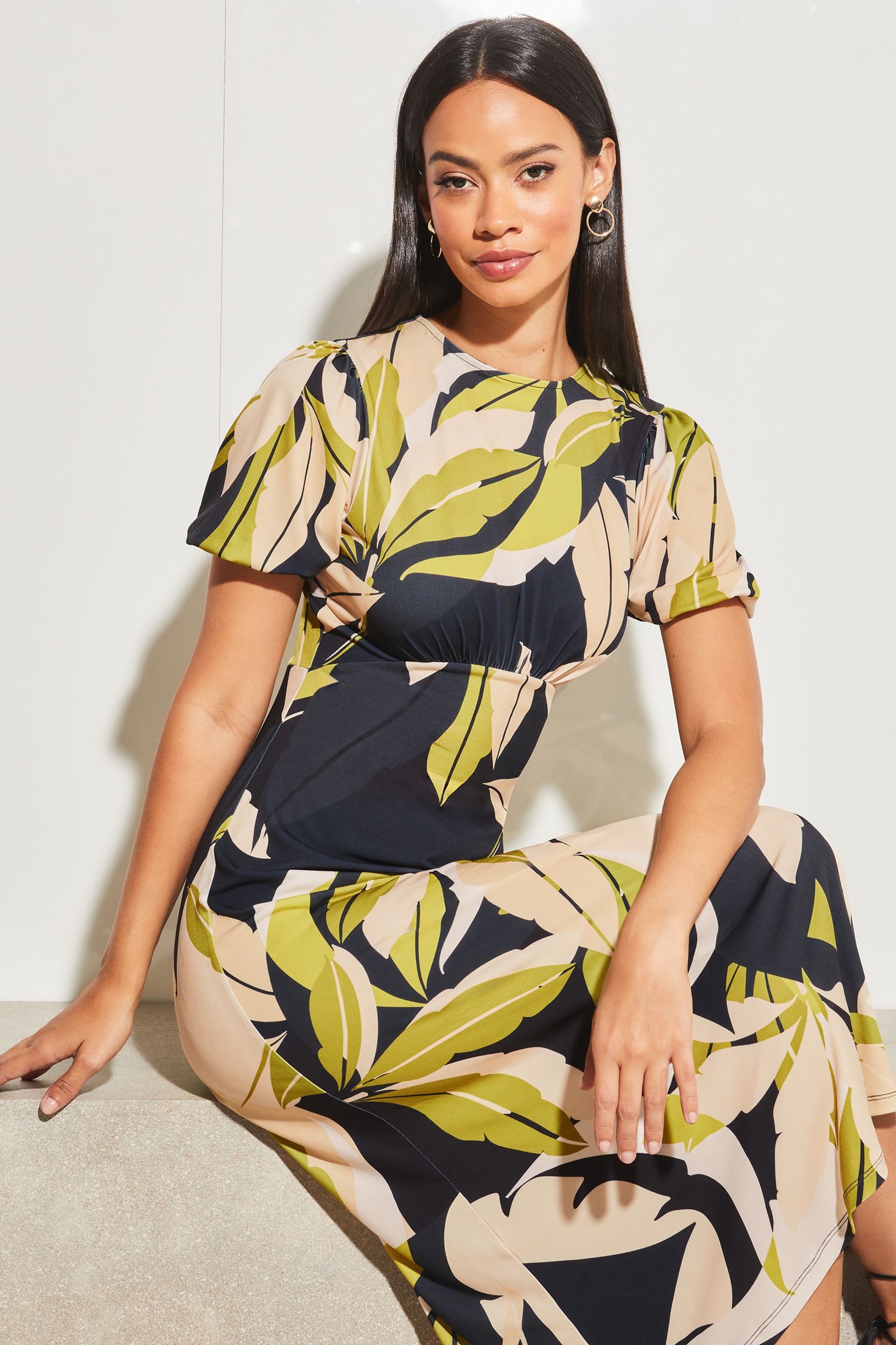 Lipsy Green Leaf Jersey Puff Short Sleeve Underbust Midi Dress