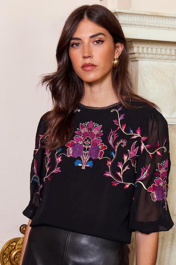 Buy Love & Roses Black Embroidery Embroidered Round Neck Puff Sleeve Blouse  from the Next UK online shop
