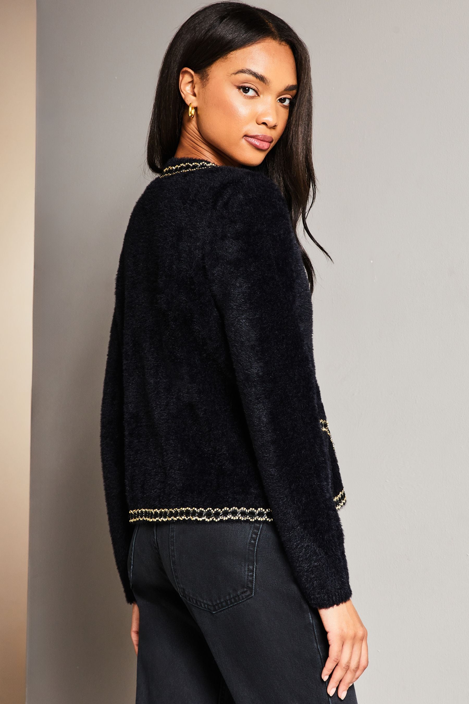 Buy Lipsy Black Crew Neck Button Through Eyelash Faux Fur Cardigan